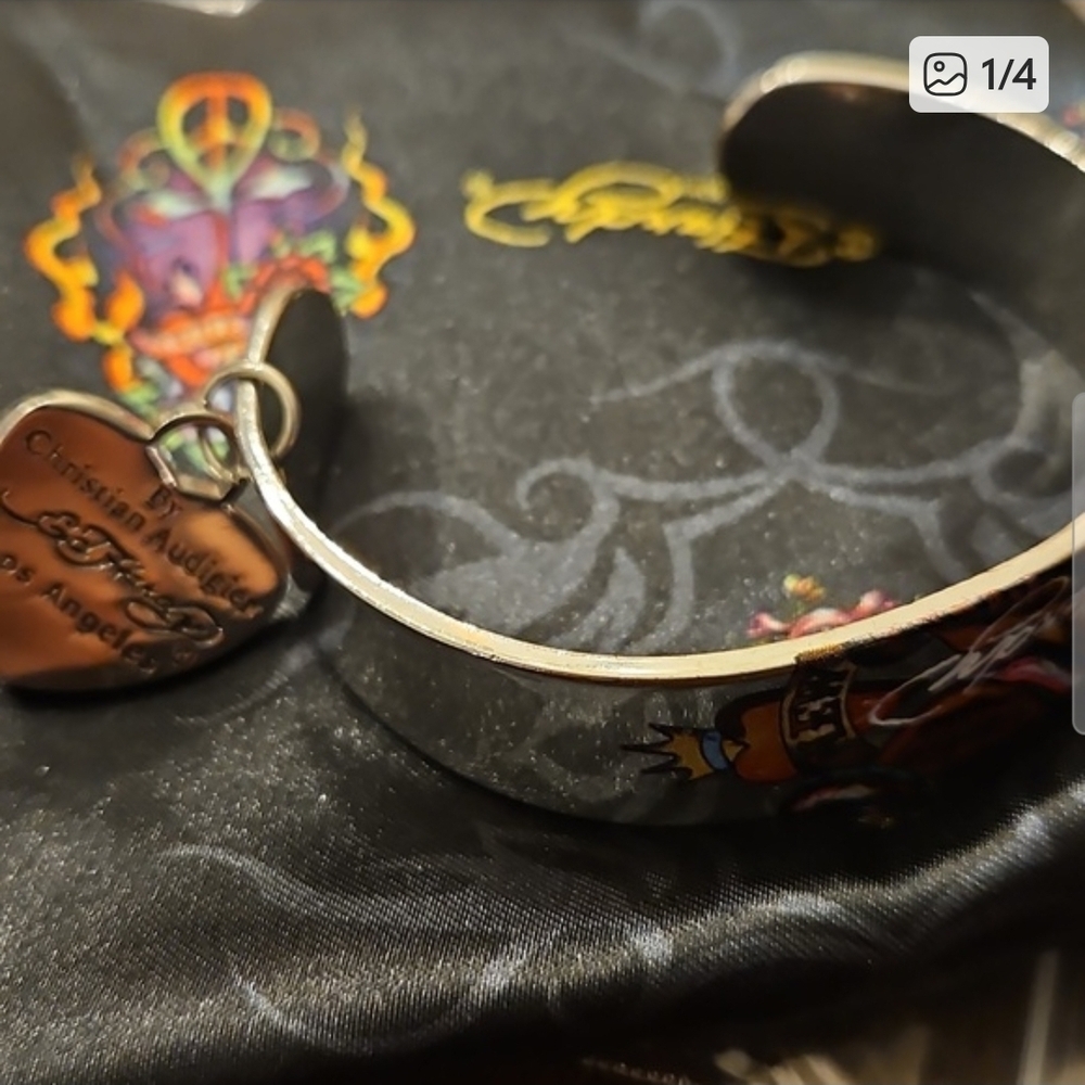 Christian Audigier Multicolor Tattoo-Style Silver Tone Cuff Bracelet